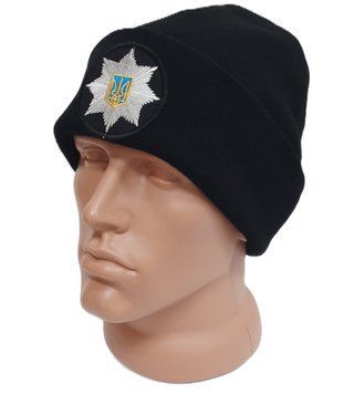 Шапка в'язана (з підворотом) з кокардою ПОЛІЦІЯ Black GG3525 26182 фото