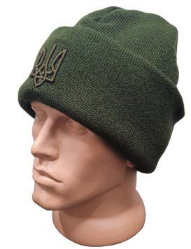 Шапка в'язана з флісом (з підворотом) З ВИШИТИМ ТРИЗУБОМ Dark Olive GG3525 25978 фото